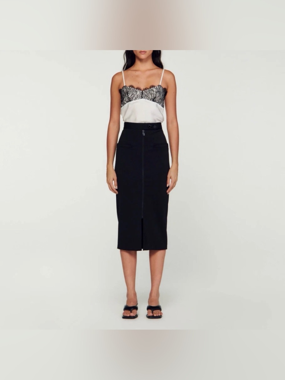 Sandro Black Front-Zip High-Waist Midi Skirt / size 38/M/L